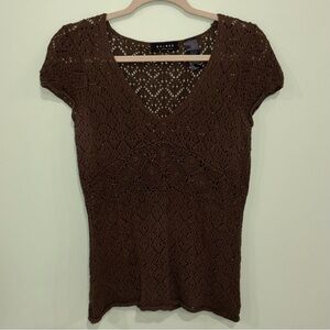 Axcess Y2K Brown Crochet V-Neck Short Sleeve Top Boho 90’s Women’s Sz M